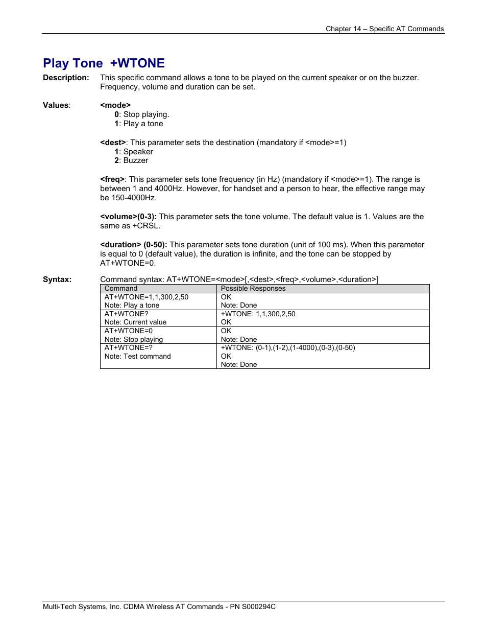 Play tone +wtone | Multi-Tech Systems CDMA Wireless Modem User Manual | Page 98 / 195