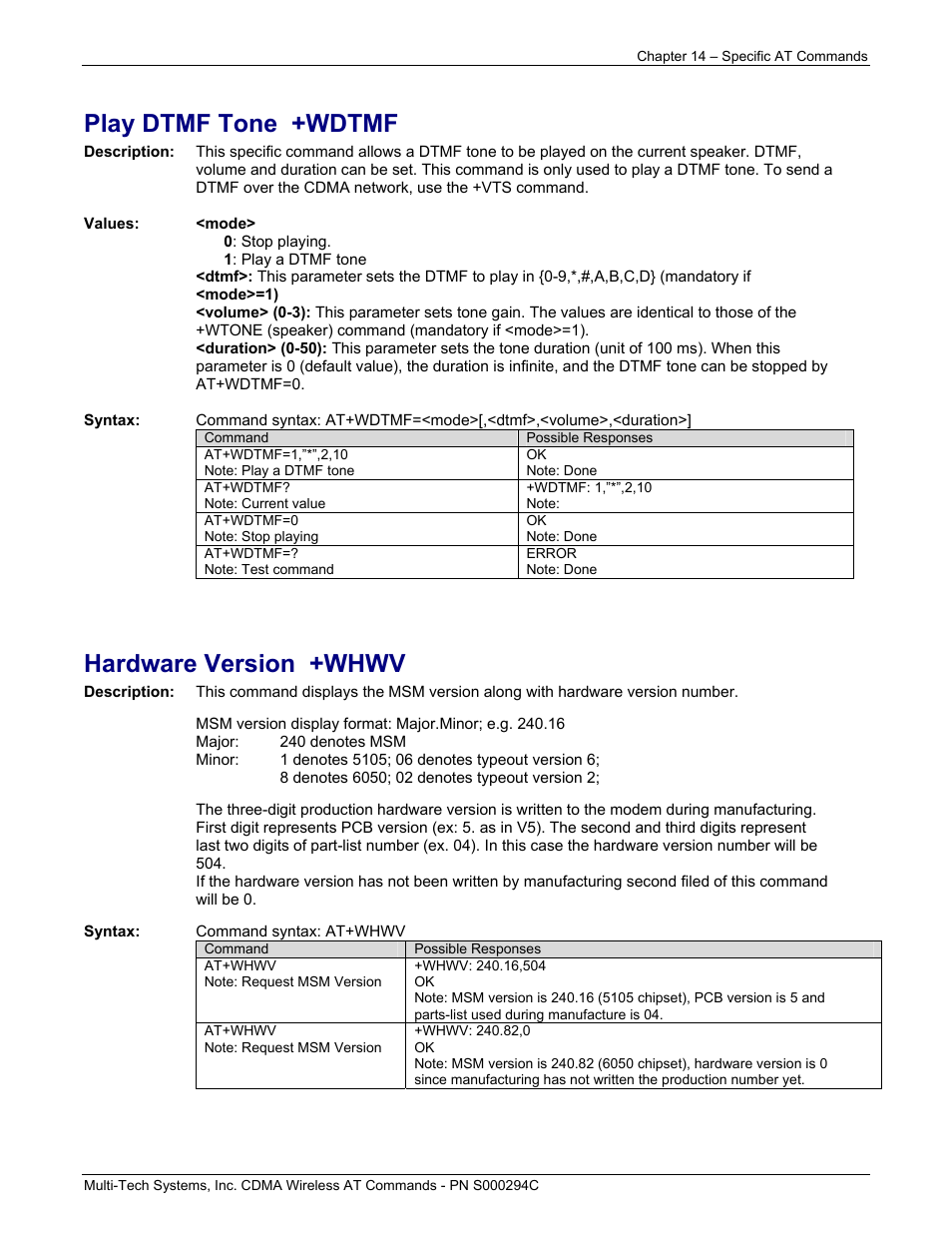 Play dtmf tone +wdtmf, Hardware version +whwv | Multi-Tech Systems CDMA Wireless Modem User Manual | Page 99 / 195