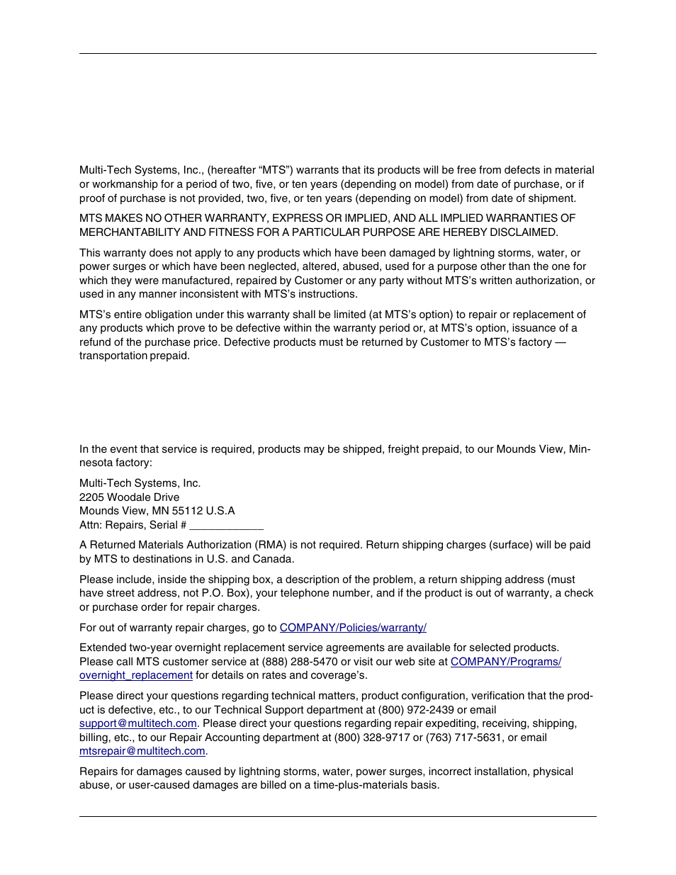 Chapter 5 - warranty and repairs, Multi-tech warranty statement, Repair procedures for u.s. and canadian customers | Multi-Tech Systems MT5600BR-V92 User Manual | Page 17 / 29