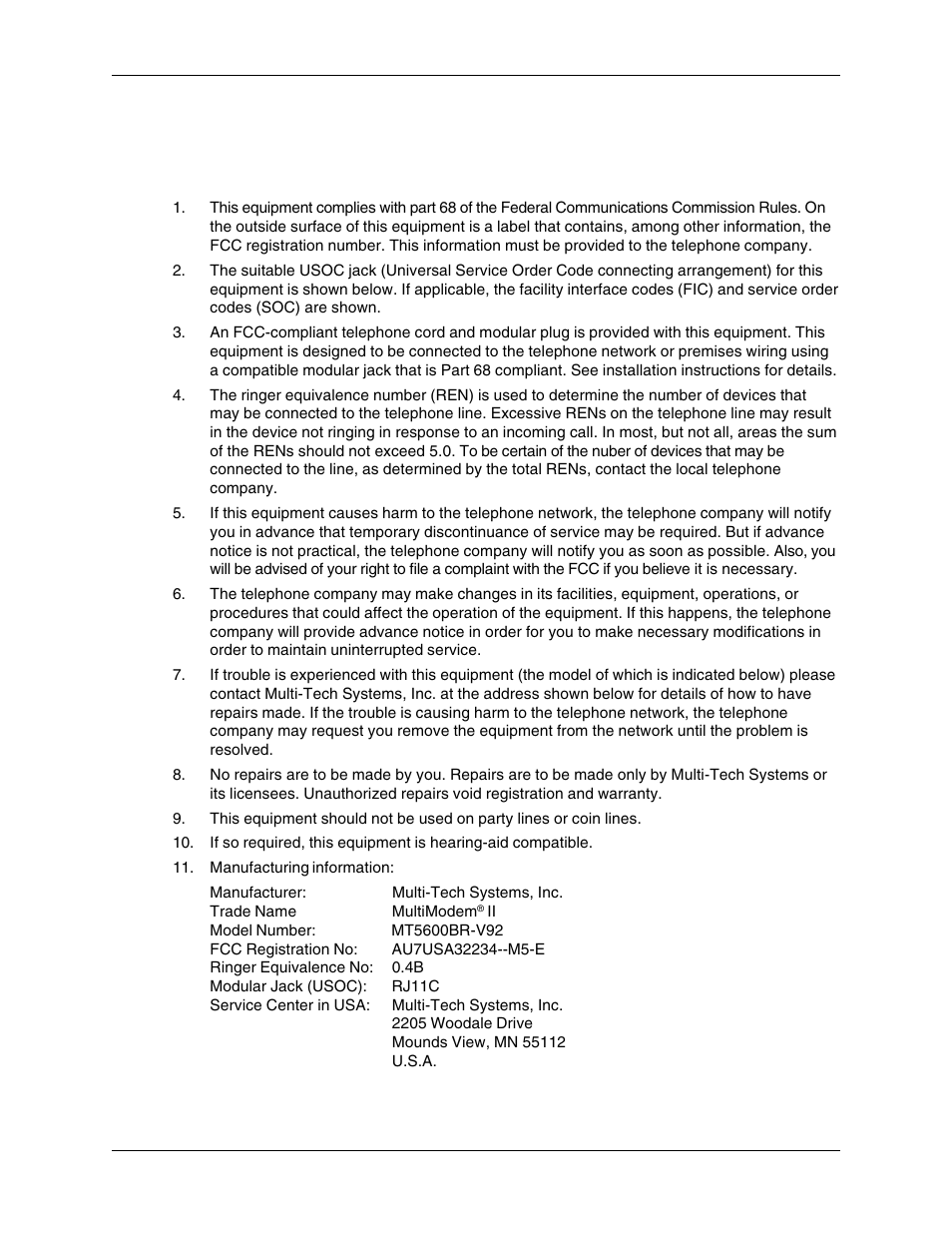 Appendix a - regulatory compliance, Fcc part 68 telecom | Multi-Tech Systems MT5600BR-V92 User Manual | Page 19 / 29