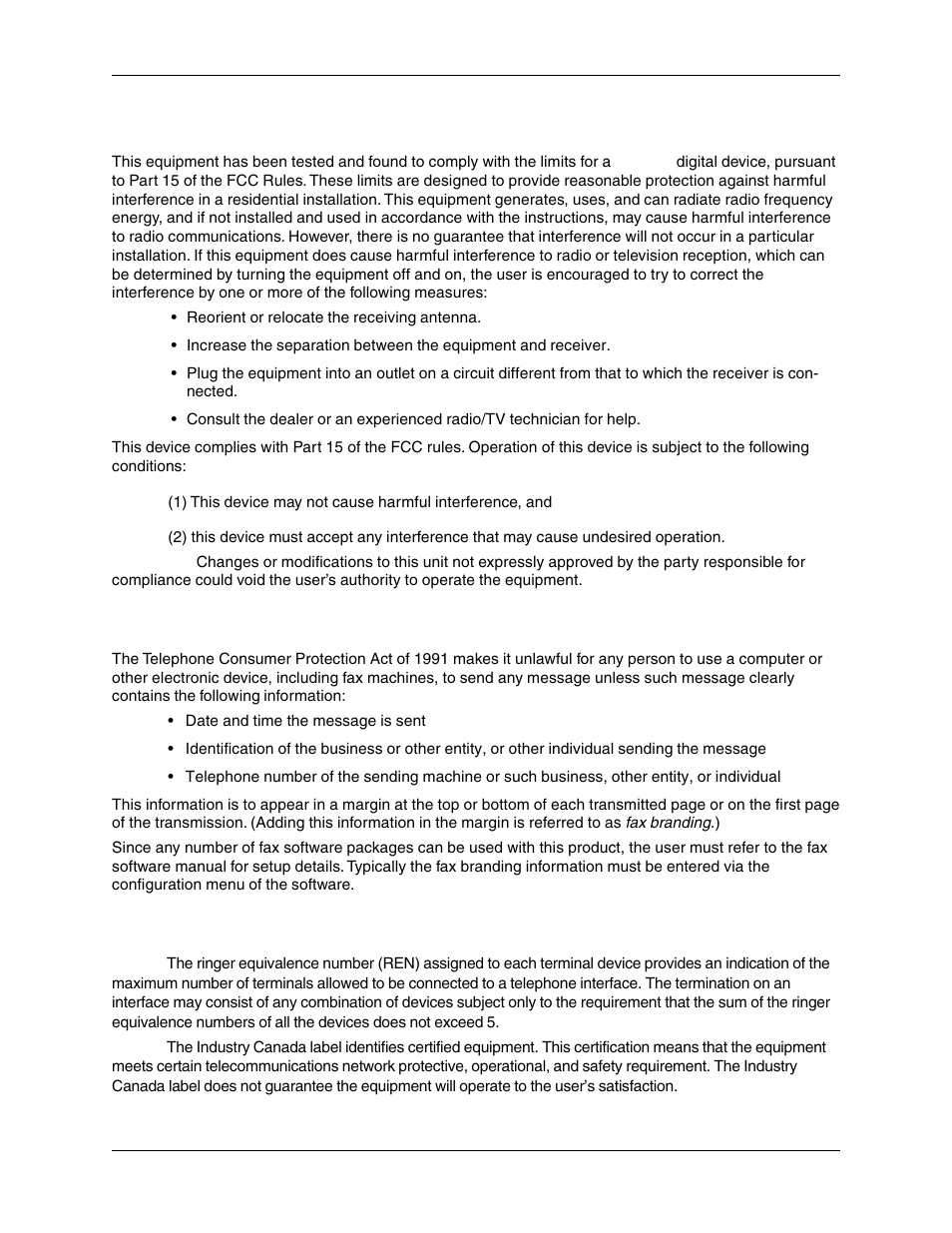 Fcc part 15, Fax branding statement, Canadian limitations notice | Multi-Tech Systems MT5600BR-V92 User Manual | Page 20 / 29