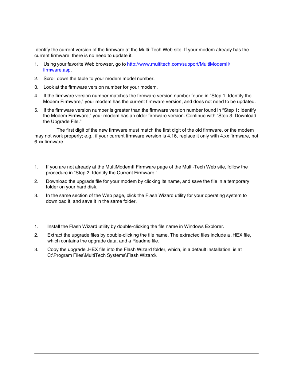 Step 2 - identify the current firmware version, Step 3 - download the upgrade file, Step 4 - extract the upgrade files | Multi-Tech Systems MT5600BR-V92 User Manual | Page 24 / 29