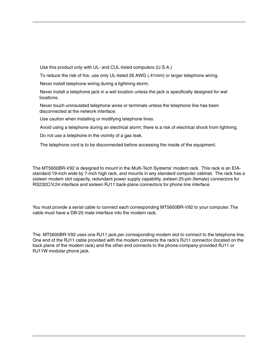 Chapter 2 - installation, Safety warnings, Card cage | Serial cable, Telephone line | Multi-Tech Systems MT5600BR-V92 User Manual | Page 9 / 29