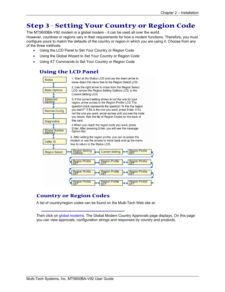 Step 3 - setting your country or region code, Using the lcd panel, Country or region codes | Multi-Tech Systems MT5600BA-V.92 User Manual | Page 10 / 57