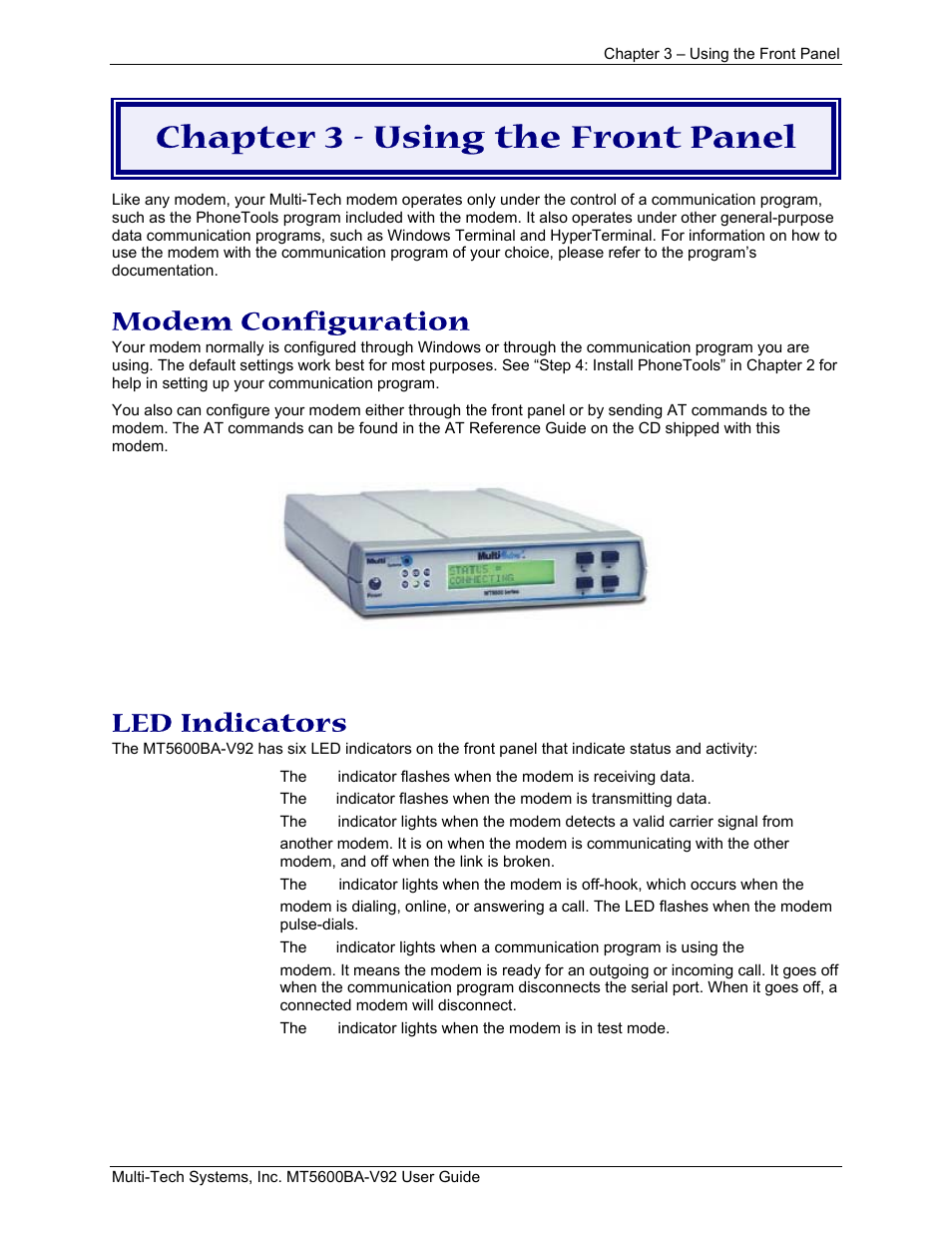 Chapter 3 - using the front panel, Modem configuration, Led indicators | Multi-Tech Systems MT5600BA-V.92 User Manual | Page 13 / 57