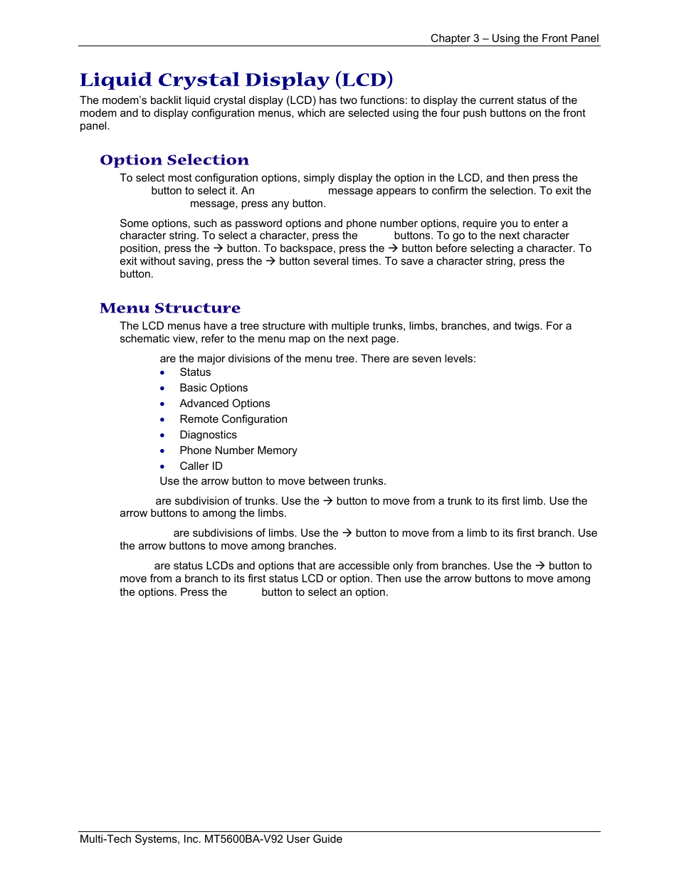 Liquid crystal display (lcd), Option selection, Menu structure | Multi-Tech Systems MT5600BA-V.92 User Manual | Page 14 / 57