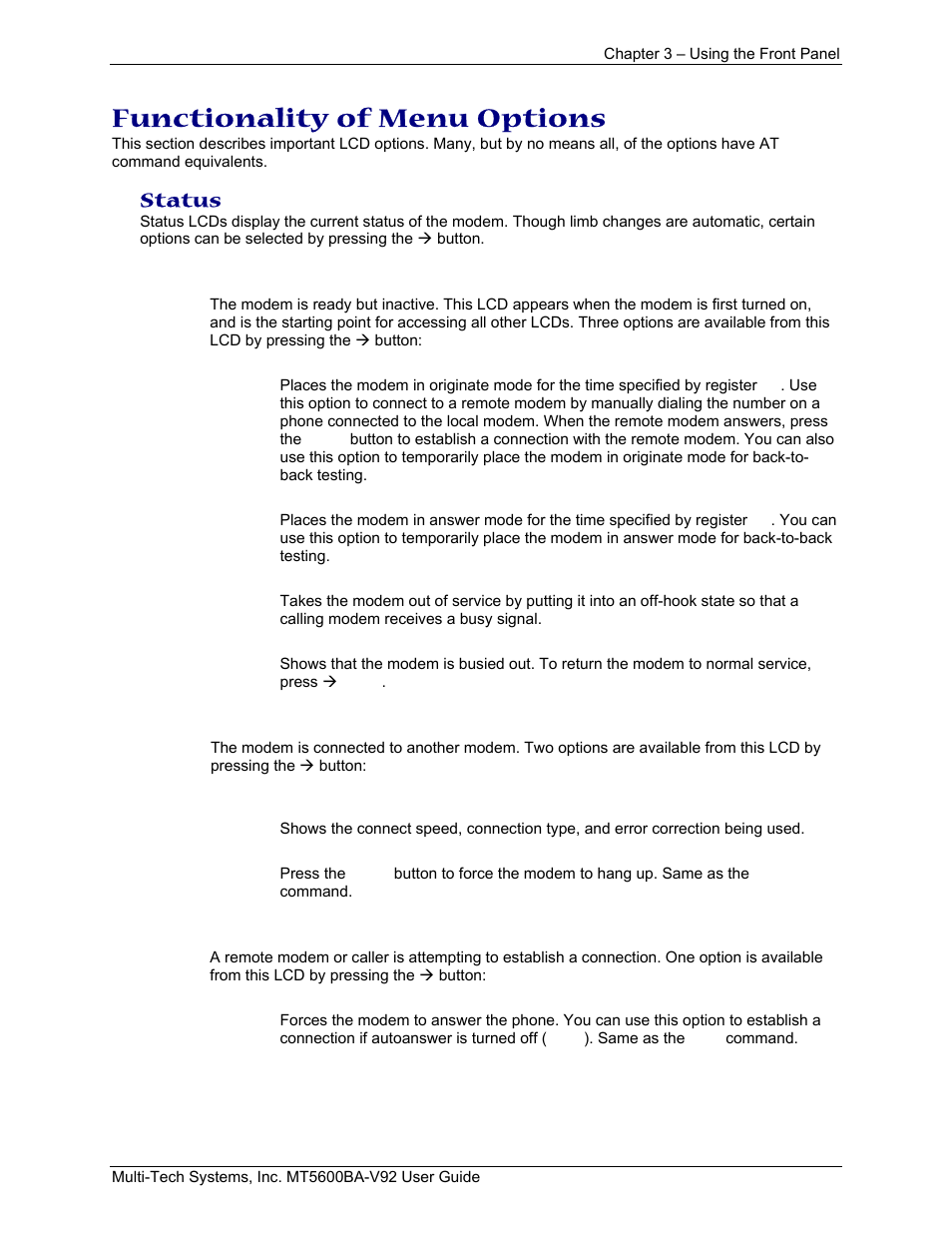 Functionality of menu options, Status | Multi-Tech Systems MT5600BA-V.92 User Manual | Page 22 / 57