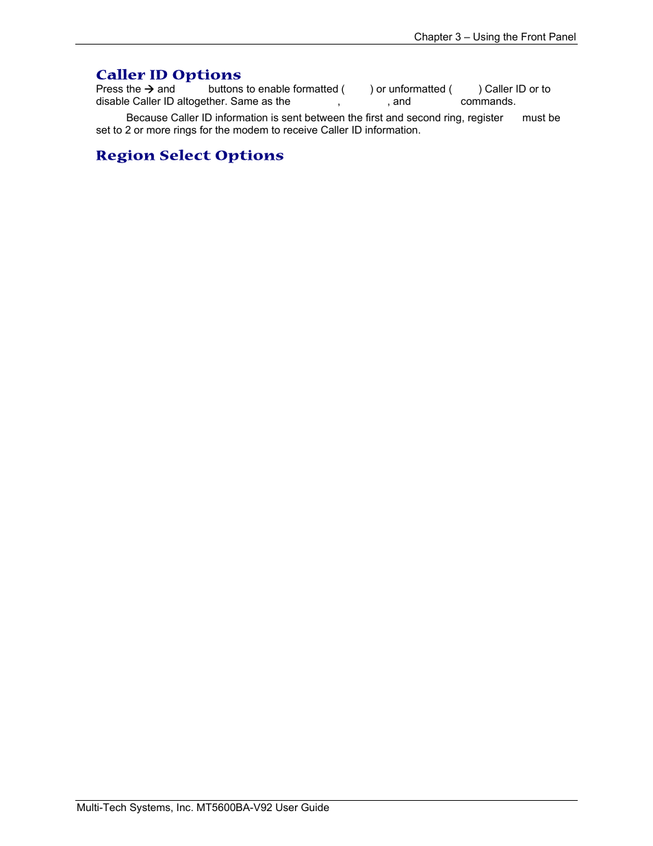 Caller id options, Region select options | Multi-Tech Systems MT5600BA-V.92 User Manual | Page 28 / 57