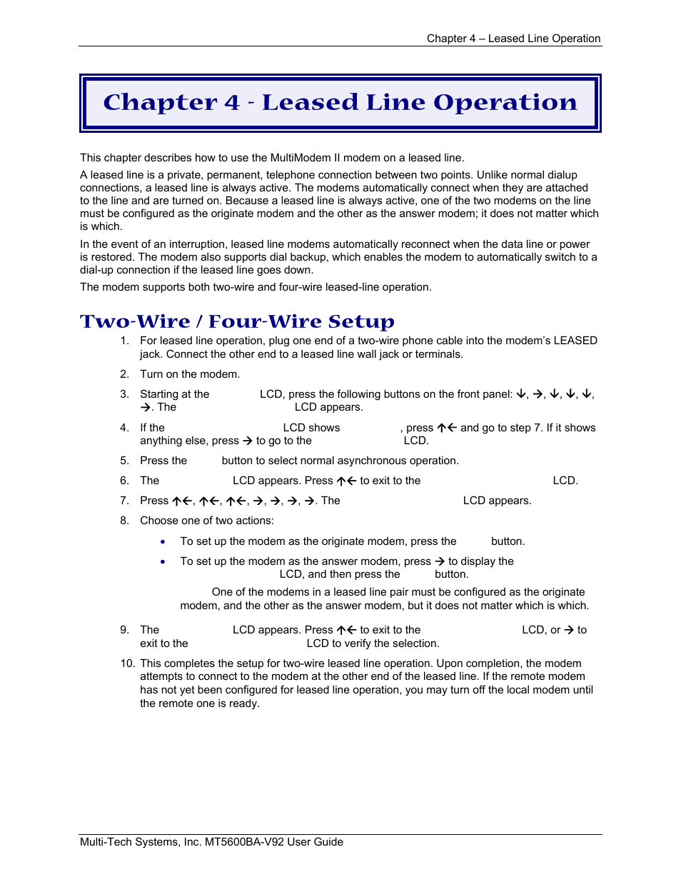 Chapter 4 - leased line operation, Two-wire / four-wire setup | Multi-Tech Systems MT5600BA-V.92 User Manual | Page 29 / 57
