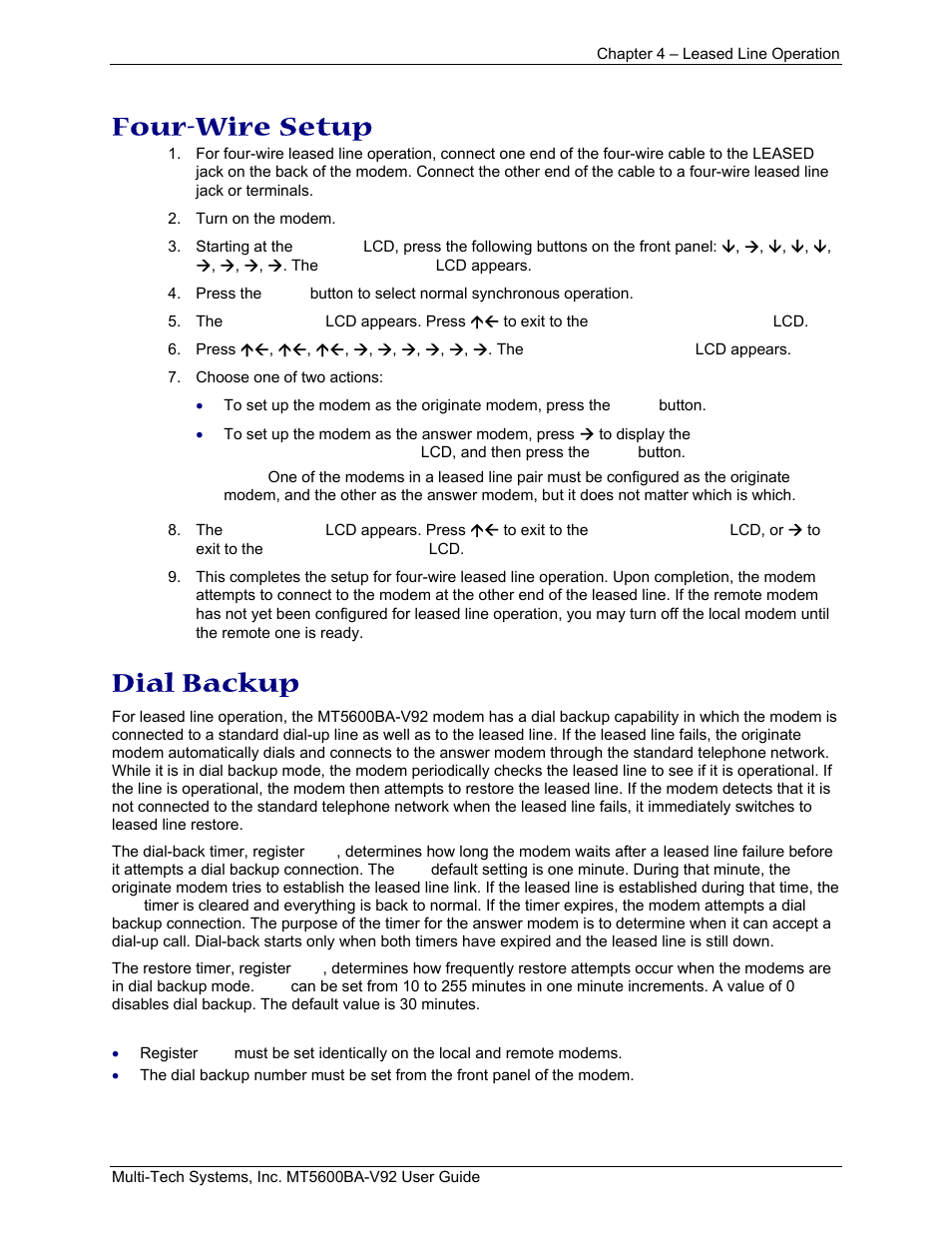 Four-wire setup, Dial backup | Multi-Tech Systems MT5600BA-V.92 User Manual | Page 30 / 57