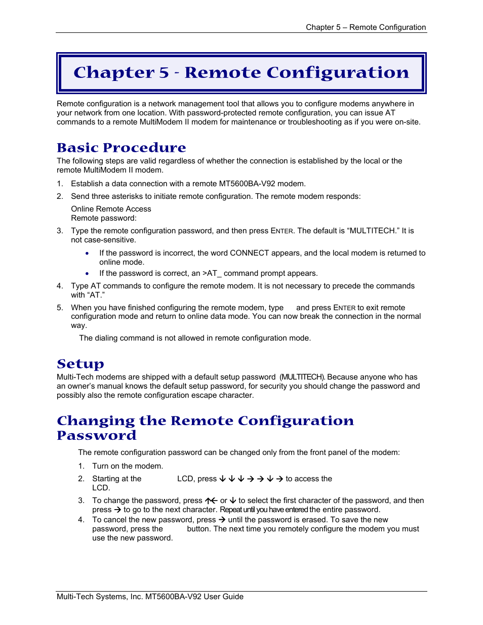 Chapter 5 - remote configuration, Basic procedure, Setup | Changing the remote configuration password | Multi-Tech Systems MT5600BA-V.92 User Manual | Page 32 / 57