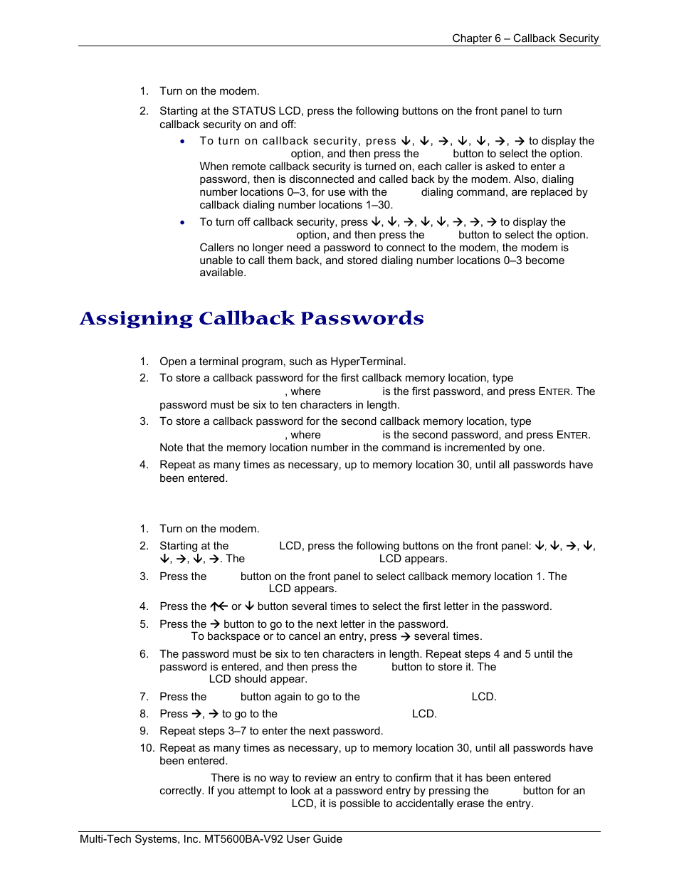 Assigning callback passwords | Multi-Tech Systems MT5600BA-V.92 User Manual | Page 35 / 57