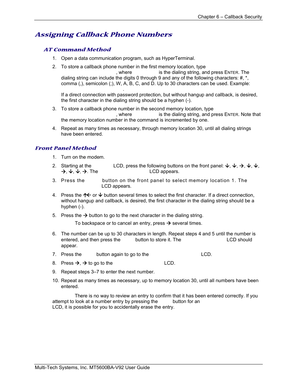 Assigning callback phone numbers | Multi-Tech Systems MT5600BA-V.92 User Manual | Page 36 / 57