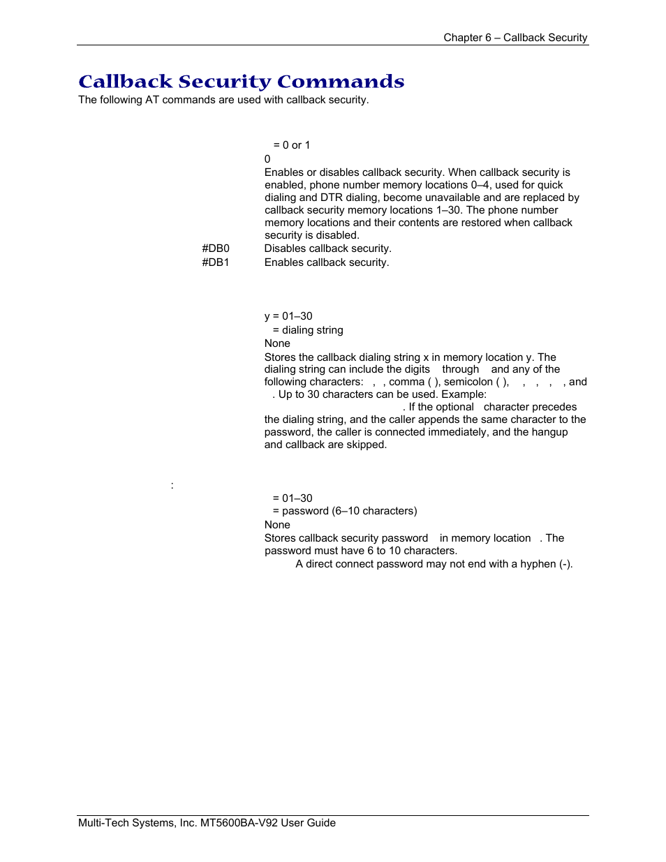 Callback security commands | Multi-Tech Systems MT5600BA-V.92 User Manual | Page 38 / 57