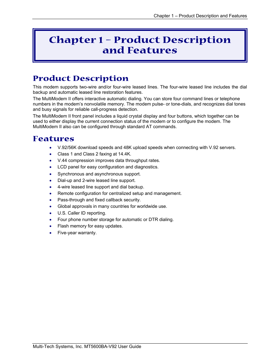 Chapter 1 – product description and features, Product description, Features | Multi-Tech Systems MT5600BA-V.92 User Manual | Page 4 / 57
