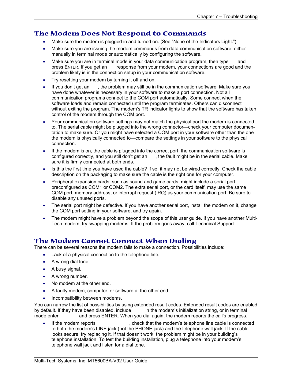 The modem does not respond to commands, The modem cannot connect when dialing | Multi-Tech Systems MT5600BA-V.92 User Manual | Page 40 / 57