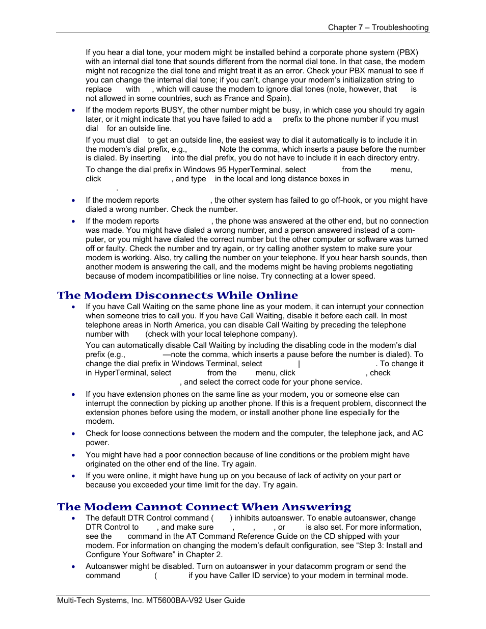 The modem disconnects while online, The modem cannot connect when answering | Multi-Tech Systems MT5600BA-V.92 User Manual | Page 41 / 57