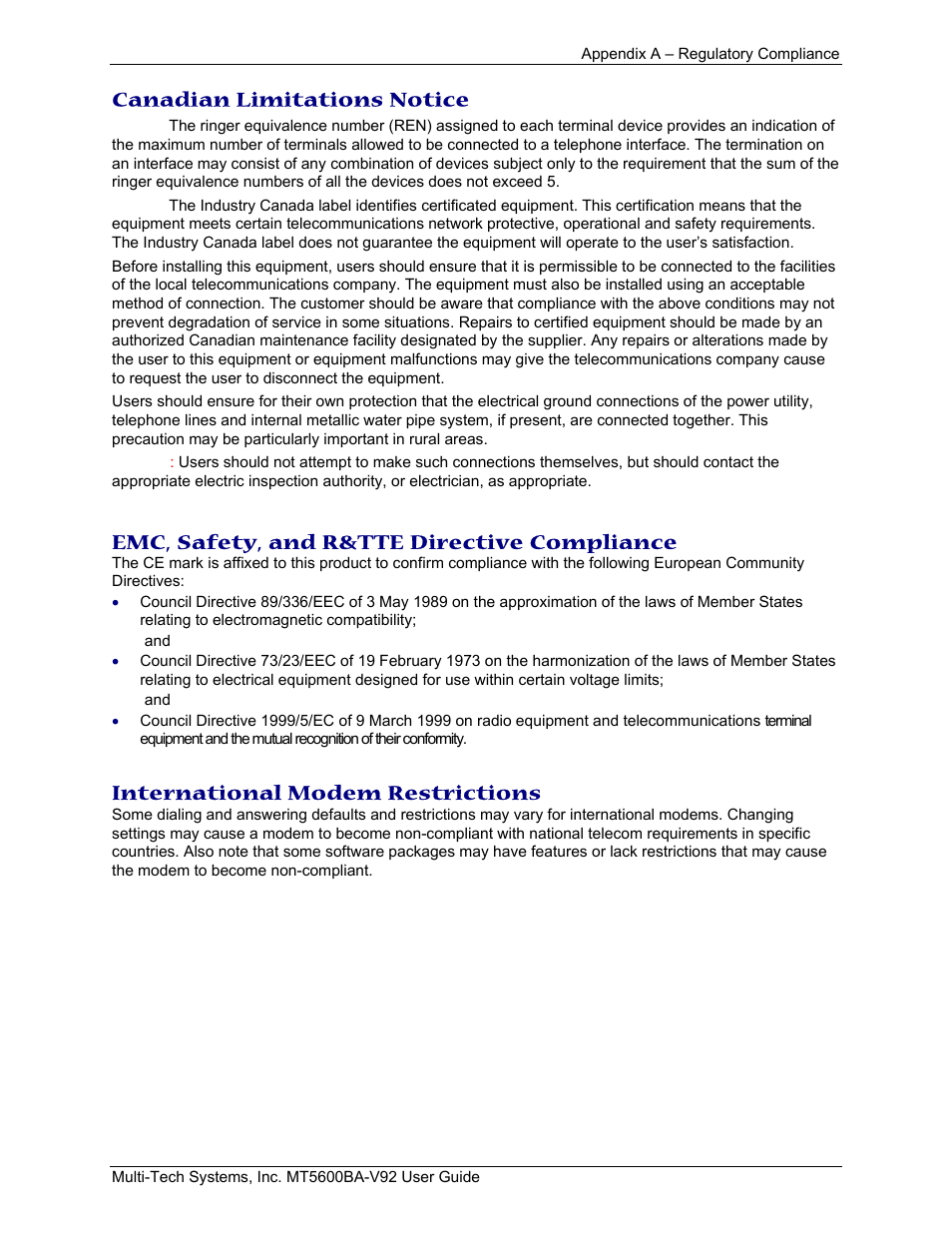 Canadian limitations notice, Emc, safety, and r&tte directive compliance, International modem restrictions | Multi-Tech Systems MT5600BA-V.92 User Manual | Page 44 / 57