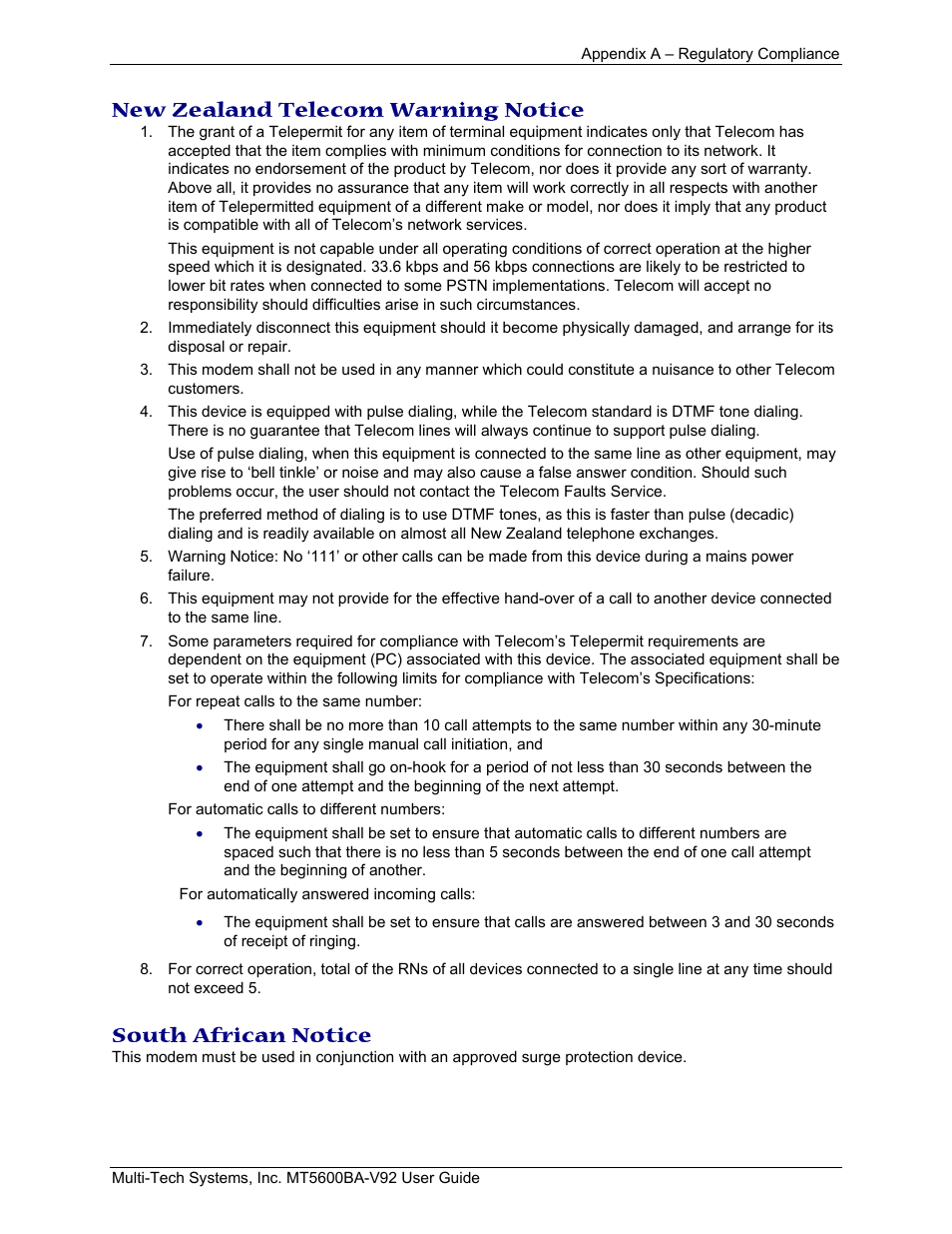 New zealand telecom warning notice, South african notice | Multi-Tech Systems MT5600BA-V.92 User Manual | Page 45 / 57