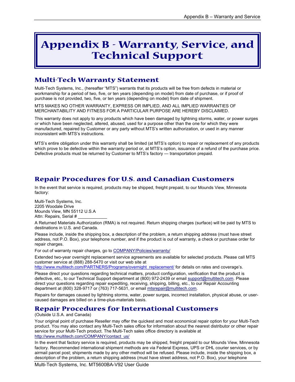 Multi-tech warranty statement, Repair procedures for u.s. and canadian customers, Repair procedures for international customers | Multi-Tech Systems MT5600BA-V.92 User Manual | Page 46 / 57