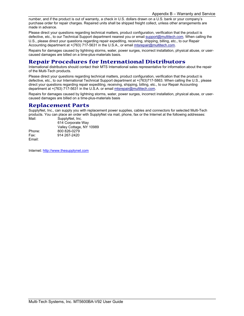 Repair procedures for international distributors, Replacement parts | Multi-Tech Systems MT5600BA-V.92 User Manual | Page 47 / 57