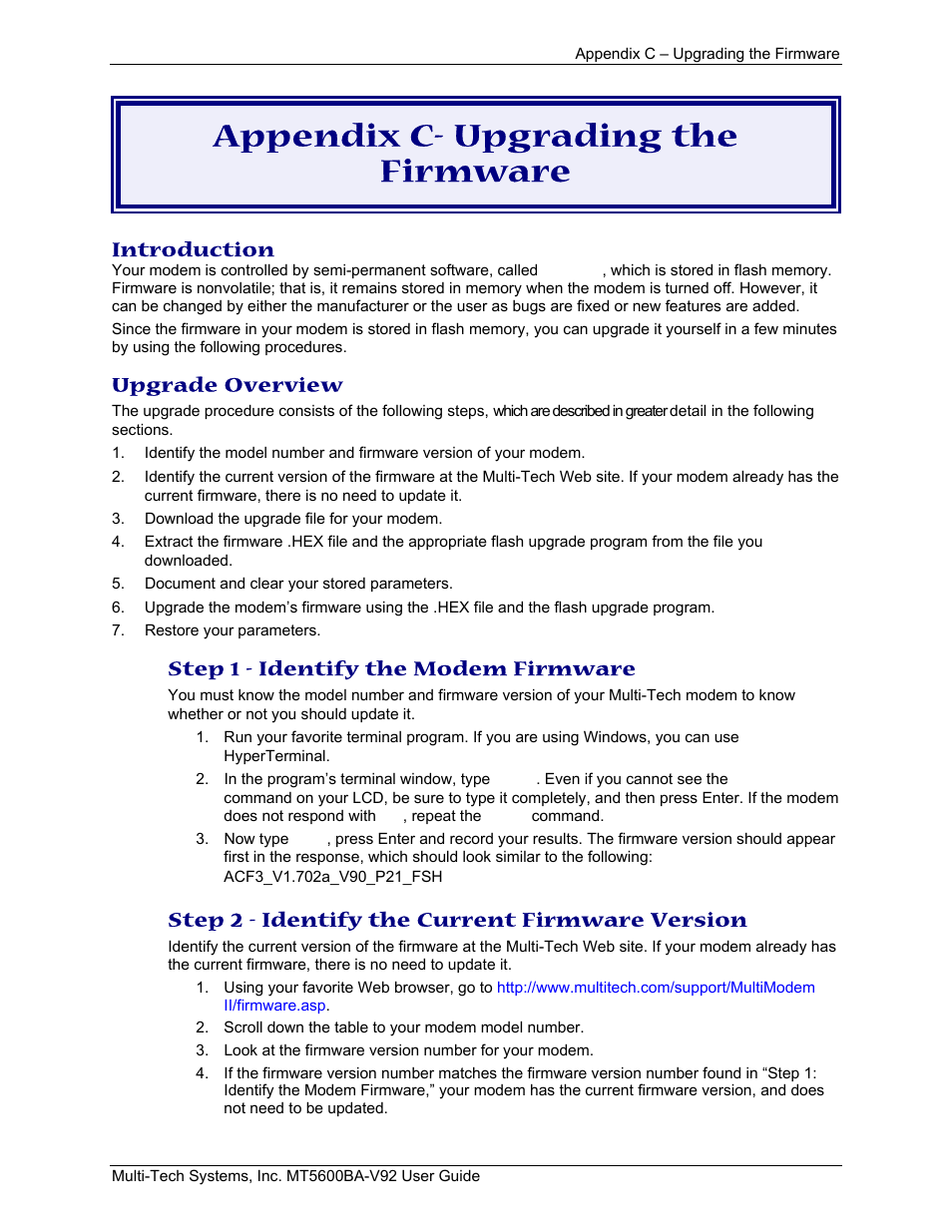 Appendix c- upgrading the firmware, Introduction, Upgrade overview | Step 1 - identify the modem firmware, Step 2 - identify the current firmware version | Multi-Tech Systems MT5600BA-V.92 User Manual | Page 48 / 57