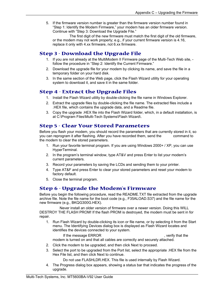 Step 3 - download the upgrade file, Step 4 - extract the upgrade files, Step 5 - clear your stored parameters | Step 6 - upgrade the modem’s firmware | Multi-Tech Systems MT5600BA-V.92 User Manual | Page 49 / 57