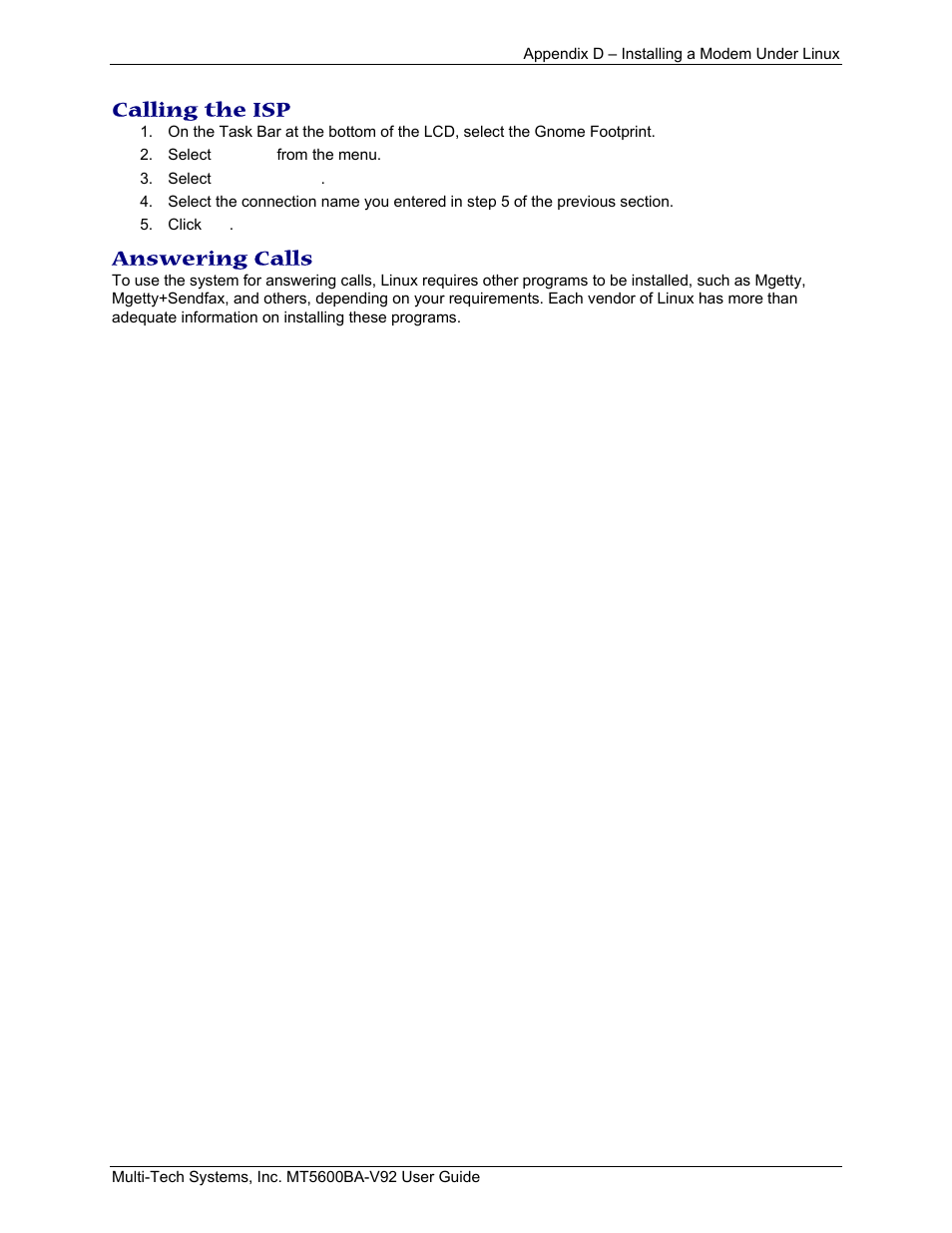 Calling the isp, Answering calls | Multi-Tech Systems MT5600BA-V.92 User Manual | Page 52 / 57
