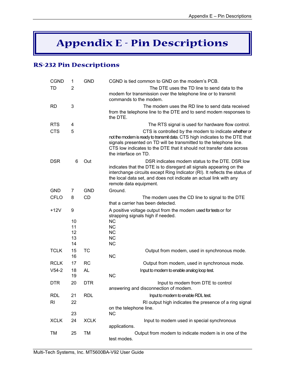 Appendix e - pin descriptions, Rs-232 pin descriptions | Multi-Tech Systems MT5600BA-V.92 User Manual | Page 53 / 57