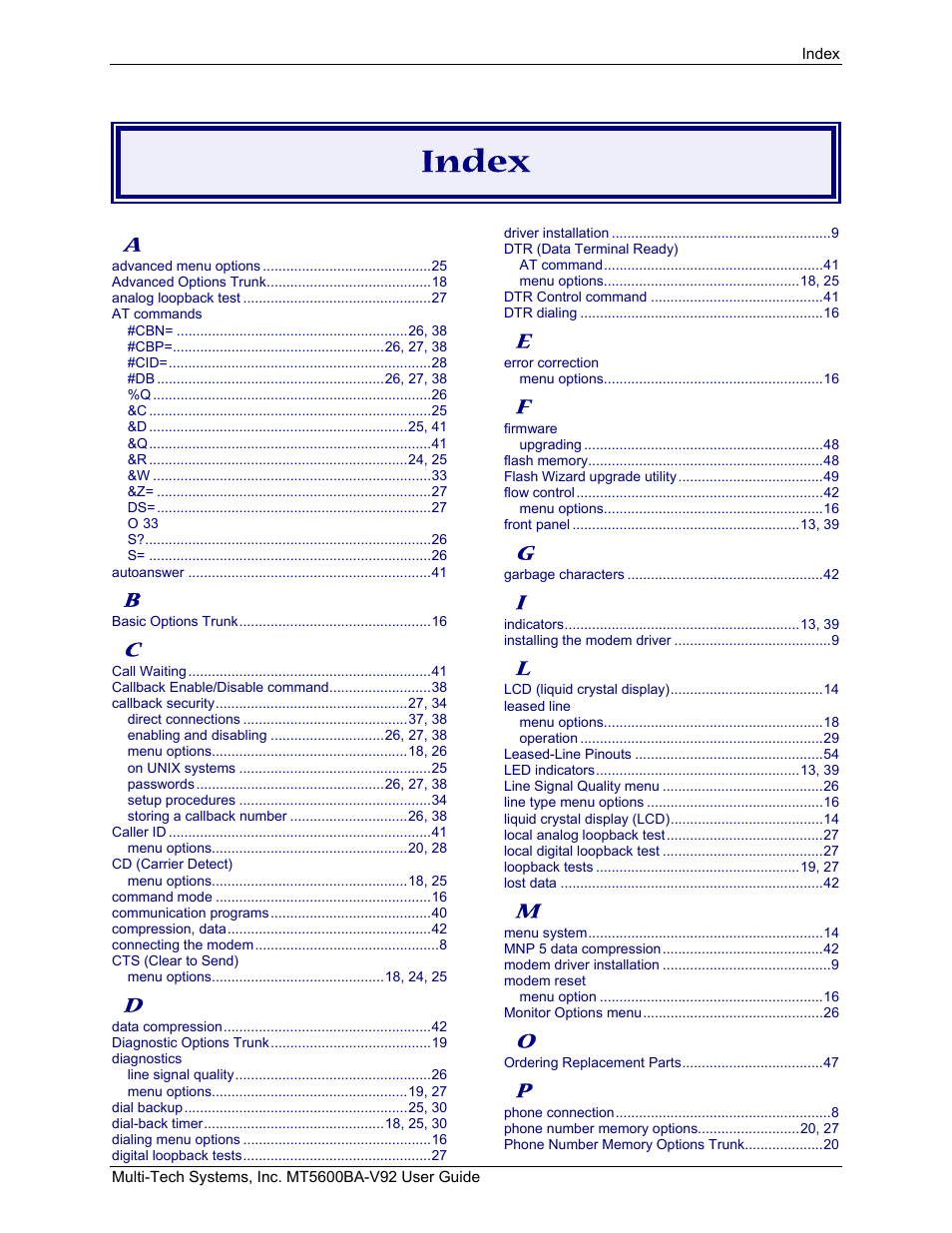 Index | Multi-Tech Systems MT5600BA-V.92 User Manual | Page 56 / 57
