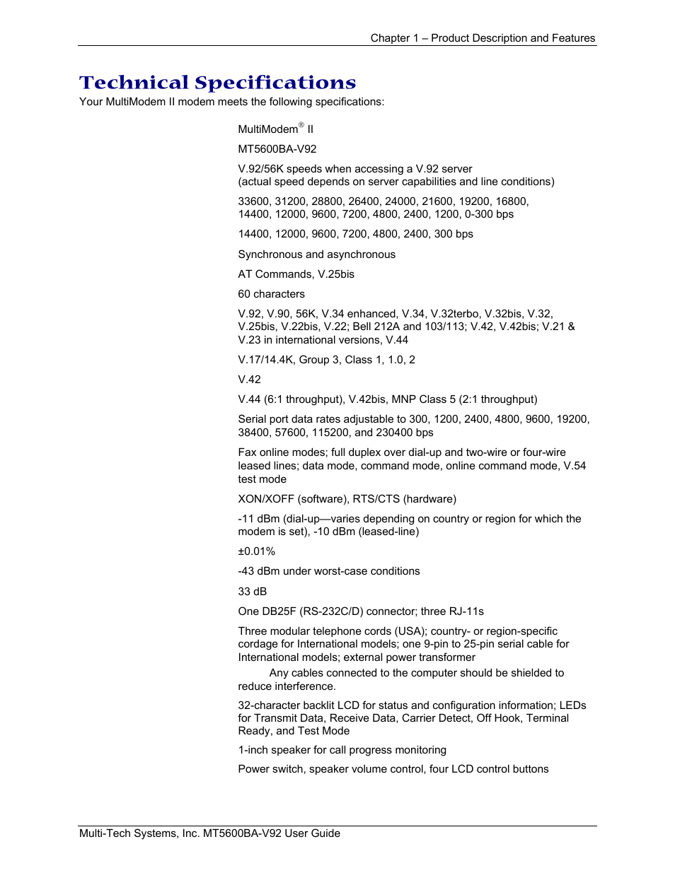 Technical specifications | Multi-Tech Systems MT5600BA-V.92 User Manual | Page 6 / 57
