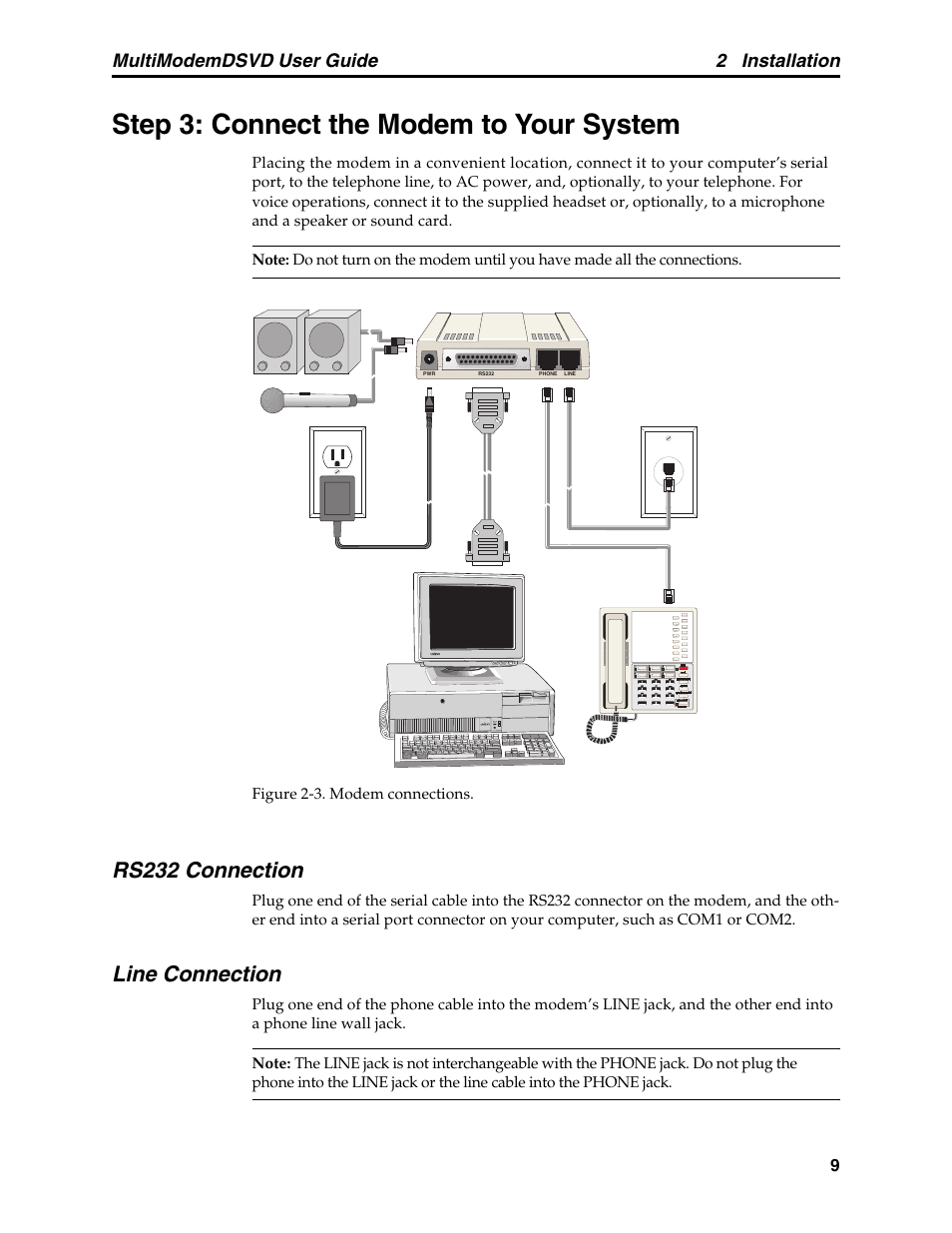 Step 3: connect the modem to your system, Rs232 connection, Line connection | Rs232 connection line connection, Multimodemdsvd user guide 2 installation | Multi-Tech Systems MT5600DSVD User Manual | Page 14 / 82