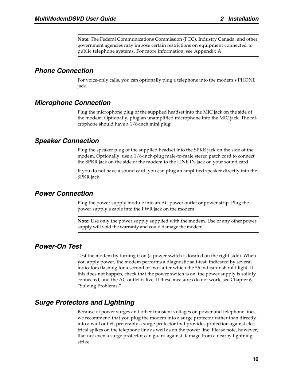 Phone connection, Microphone connection, Speaker connection | Power connection, Power-on test, Surge protectors and lightning | Multi-Tech Systems MT5600DSVD User Manual | Page 15 / 82