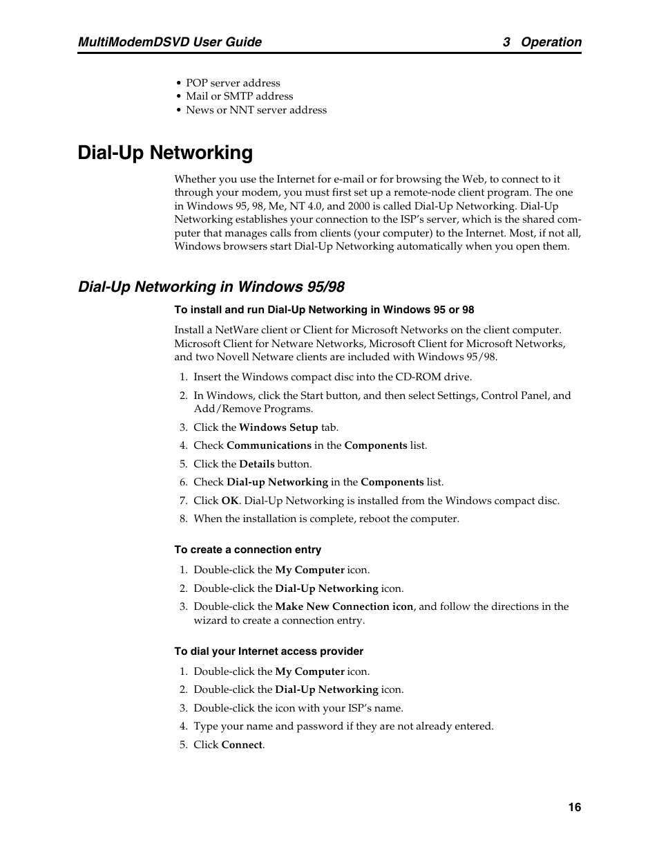 Dial-up networking, Dial-up networking in windows 95/98 | Multi-Tech Systems MT5600DSVD User Manual | Page 21 / 82