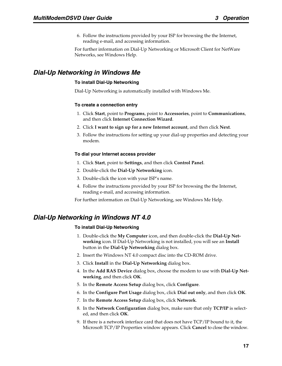 Dial-up networking in windows me, Dial-up networking in windows nt 4.0 | Multi-Tech Systems MT5600DSVD User Manual | Page 22 / 82