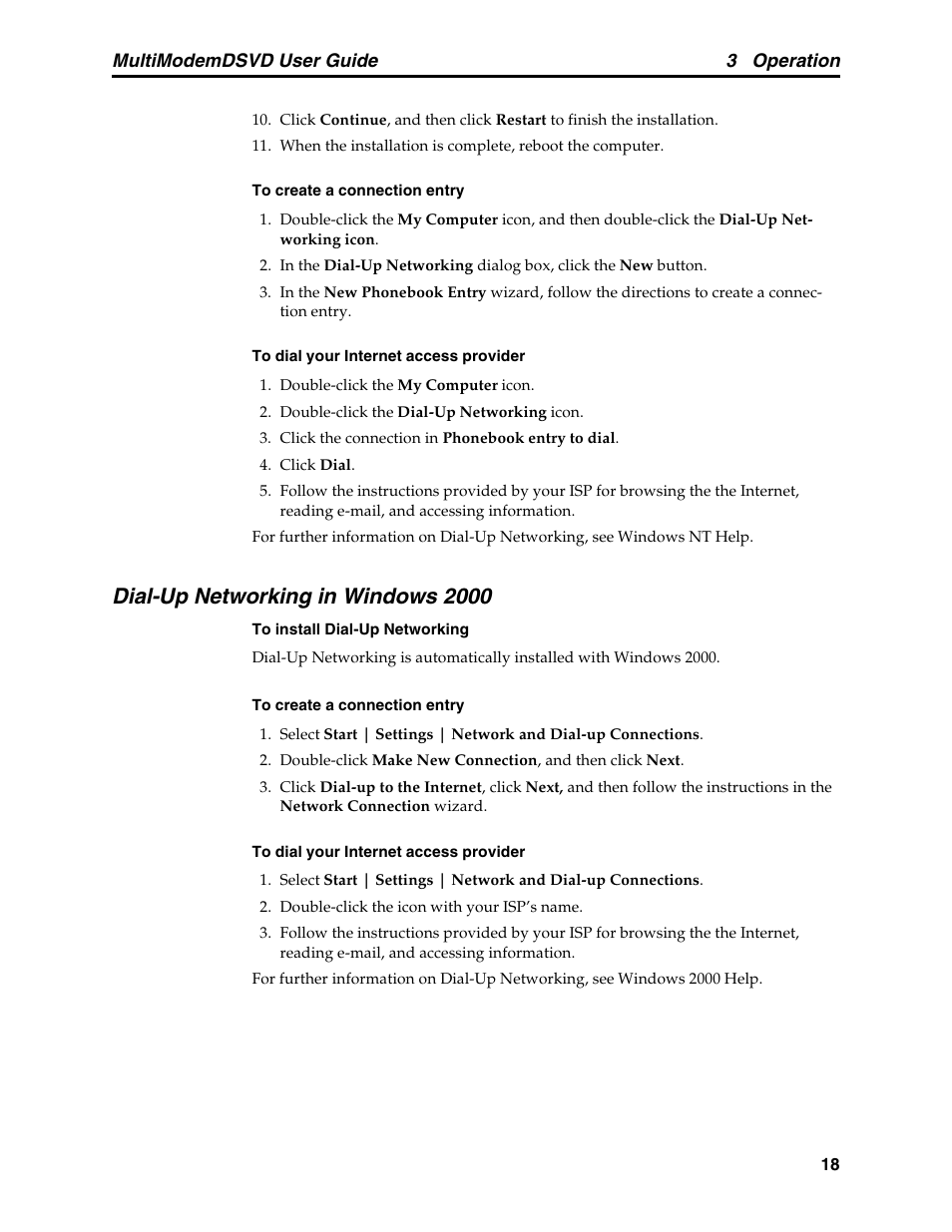 Dial-up networking in windows 2000, Multimodemdsvd user guide 3 operation | Multi-Tech Systems MT5600DSVD User Manual | Page 23 / 82