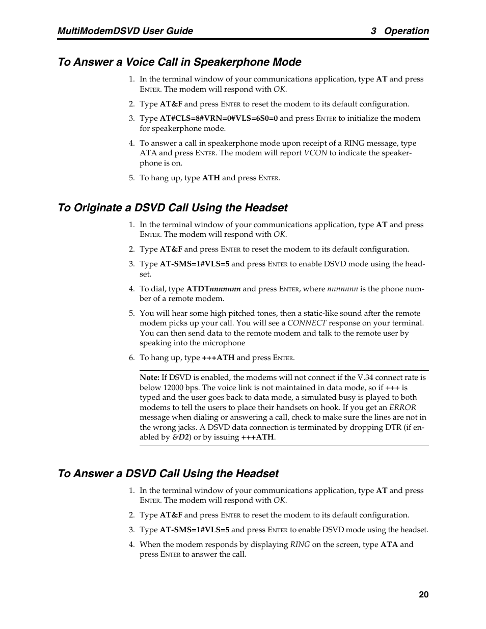 To answer a voice call in speakerphone mode, To originate a dsvd call using the headset, To answer a dsvd call using the headset | Multimodemdsvd user guide 3 operation | Multi-Tech Systems MT5600DSVD User Manual | Page 25 / 82