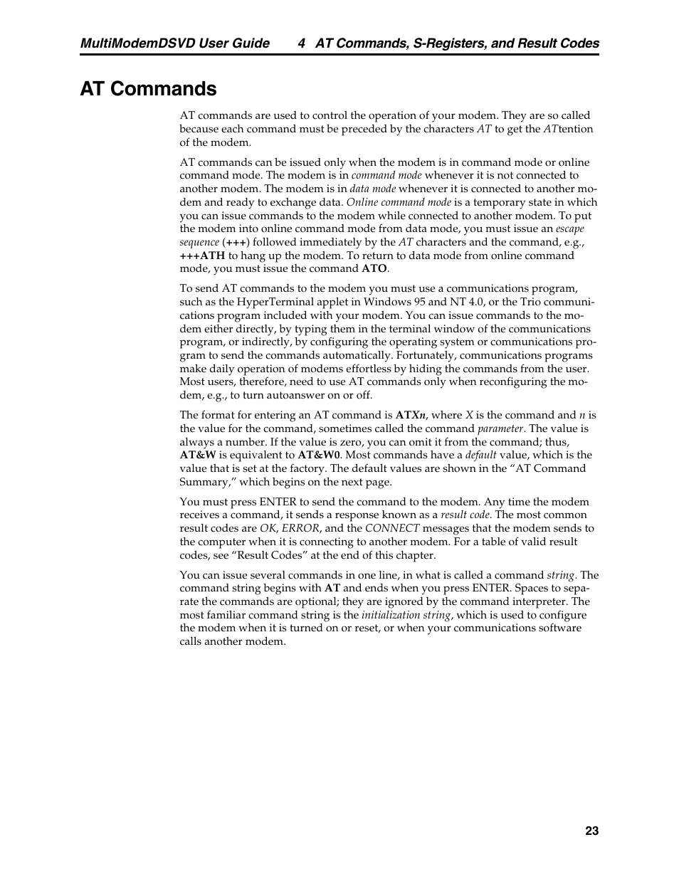 Chapter 4: at commands, s-registers & result codes, At commands | Multi-Tech Systems MT5600DSVD User Manual | Page 28 / 82