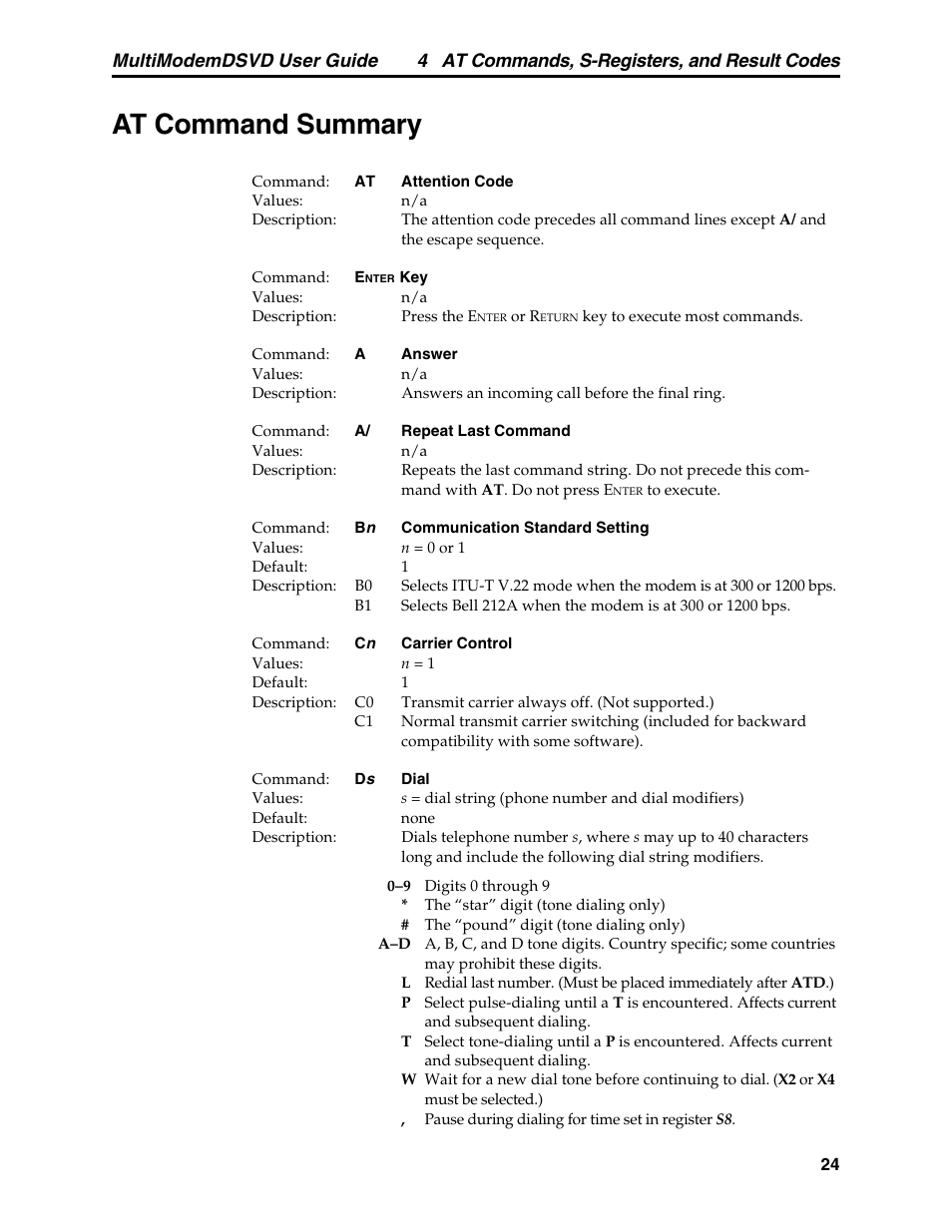 At command summary | Multi-Tech Systems MT5600DSVD User Manual | Page 29 / 82