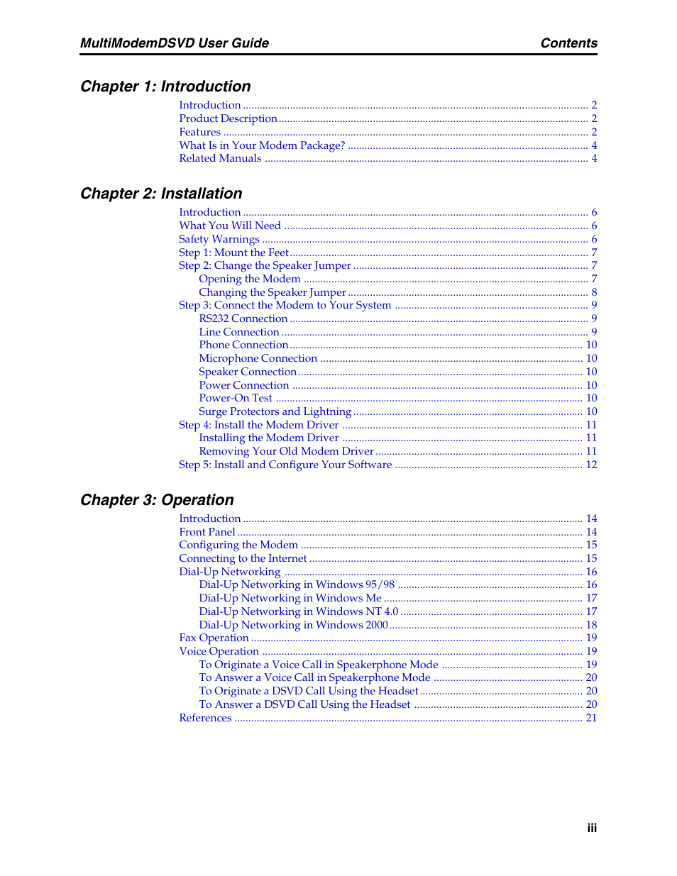 Chapter 1: introduction, Chapter 2: installation, Chapter 3: operation | Multi-Tech Systems MT5600DSVD User Manual | Page 3 / 82