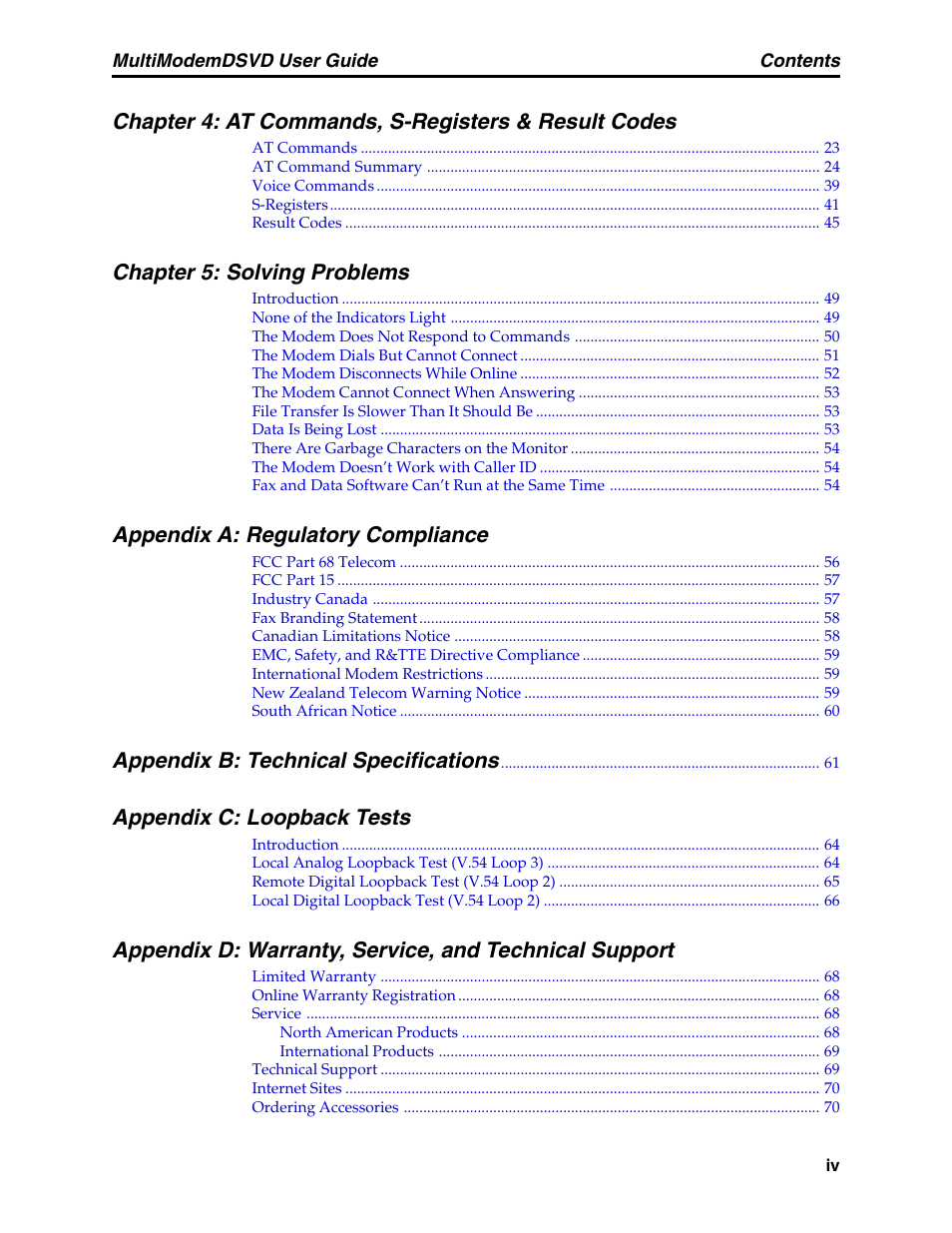 Chapter 4: at commands, s-registers & result codes, Chapter 5: solving problems, Appendix a: regulatory compliance | Appendix b: technical specifications, Appendix c: loopback tests | Multi-Tech Systems MT5600DSVD User Manual | Page 4 / 82