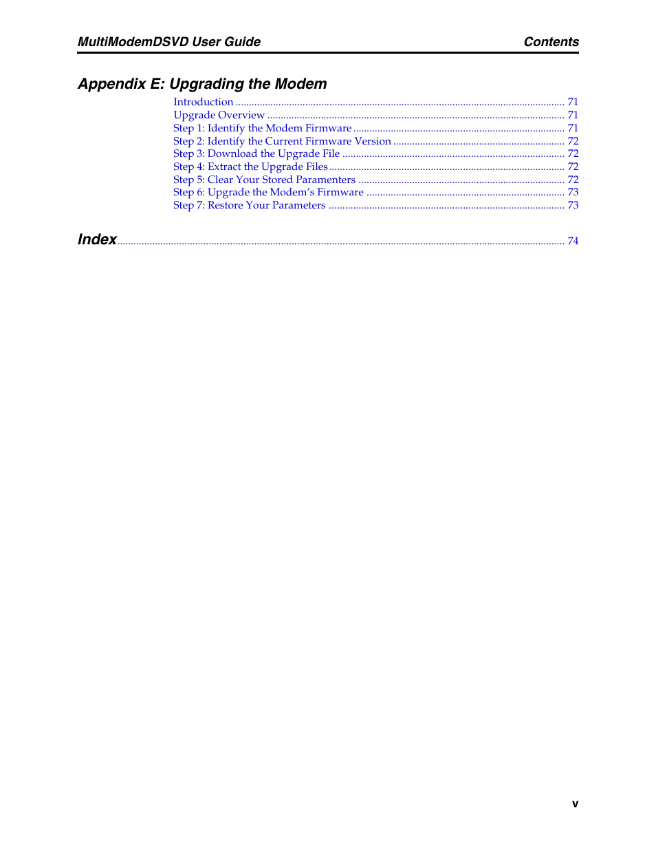 Appendix e: upgrading the modem, Index | Multi-Tech Systems MT5600DSVD User Manual | Page 5 / 82