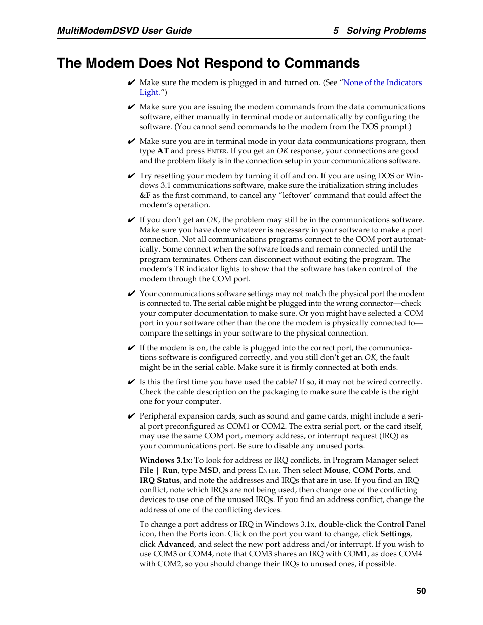 The modem does not respond to commands, Multimodemdsvd user guide 5 solving problems | Multi-Tech Systems MT5600DSVD User Manual | Page 55 / 82