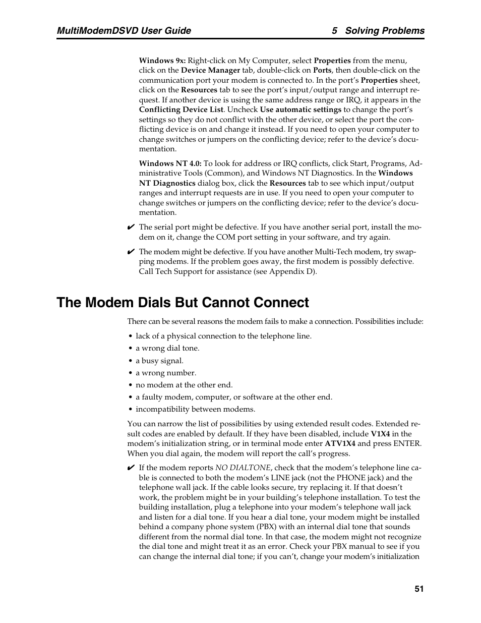 The modem dials but cannot connect, The modem dials but is unable to make a connection | Multi-Tech Systems MT5600DSVD User Manual | Page 56 / 82