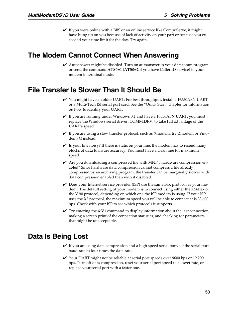 The modem cannot connect when answering, File transfer is slower than it should be, Data is being lost | Multi-Tech Systems MT5600DSVD User Manual | Page 58 / 82