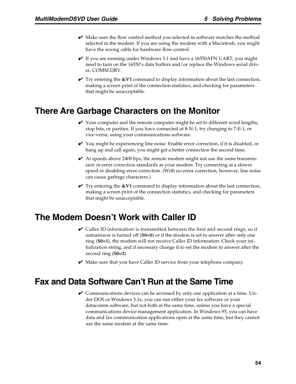 There are garbage characters on the monitor, The modem doesn’t work with caller id, Fax and data software can’t run at the same time | Multi-Tech Systems MT5600DSVD User Manual | Page 59 / 82