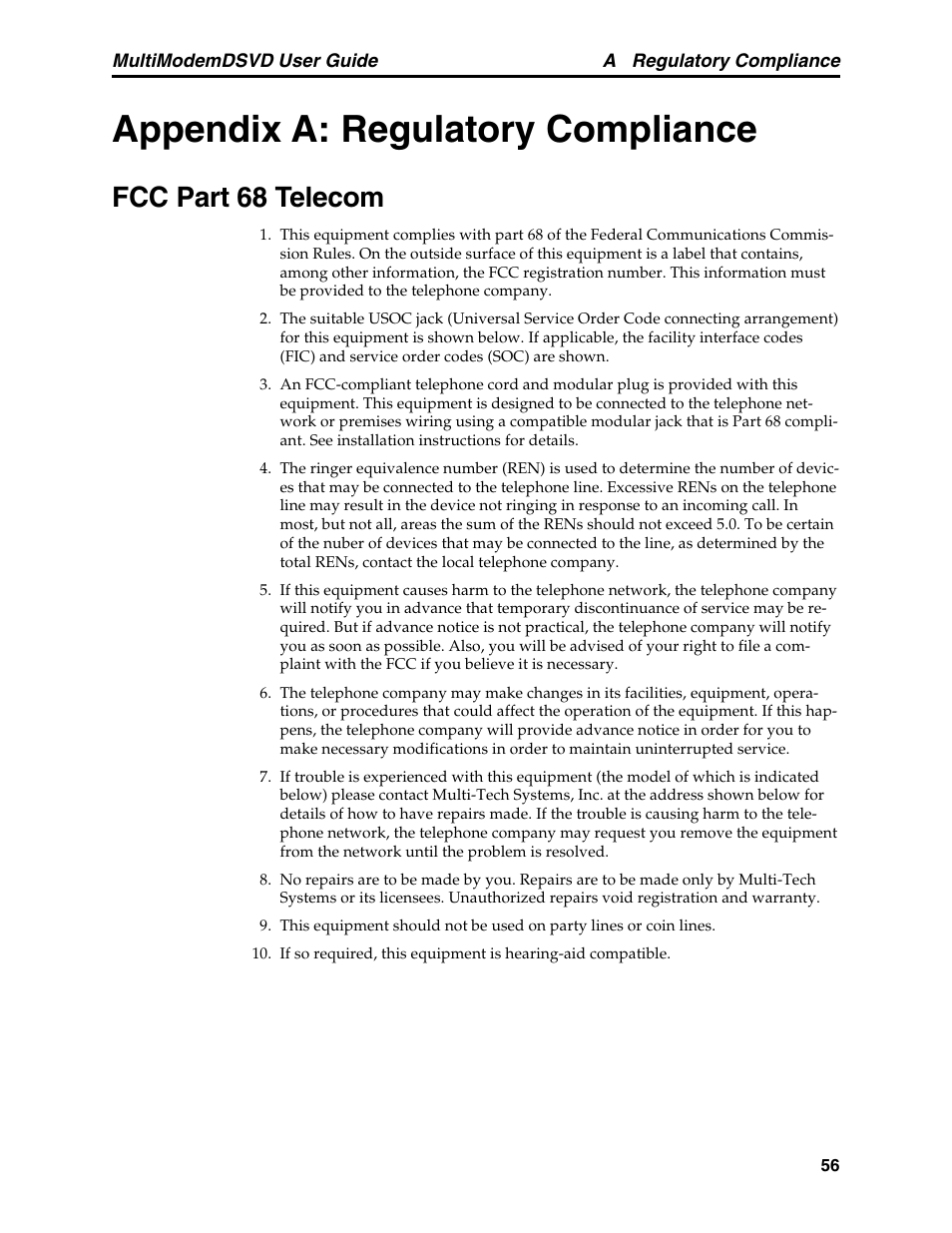 Appendix a: regulatory compliance, Fcc part 68 telecom | Multi-Tech Systems MT5600DSVD User Manual | Page 61 / 82