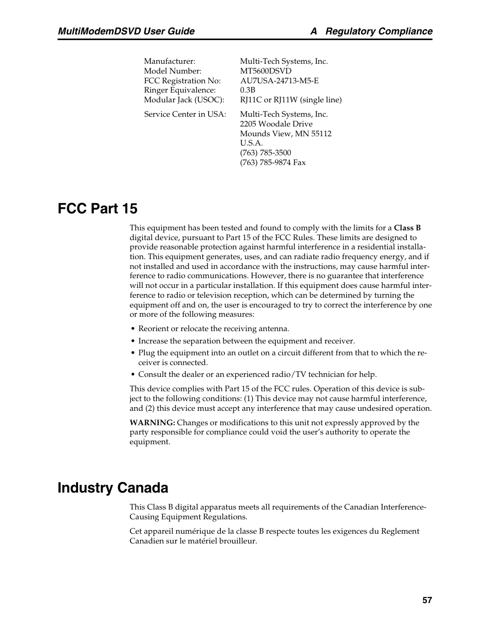 Fcc part 15, Industry canada, Fcc part 15 industry canada | Multi-Tech Systems MT5600DSVD User Manual | Page 62 / 82