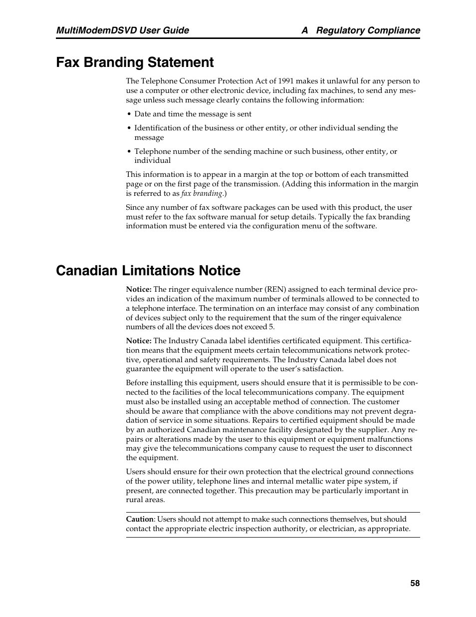 Fax branding statement, Canadian limitations notice, Fax branding statement canadian limitations notice | Multi-Tech Systems MT5600DSVD User Manual | Page 63 / 82