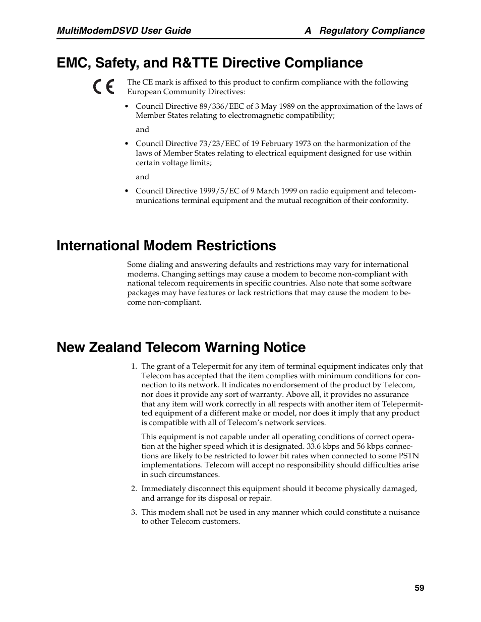 Emc, safety, and r&tte directive compliance, International modem restrictions, New zealand telecom warning notice | Multi-Tech Systems MT5600DSVD User Manual | Page 64 / 82